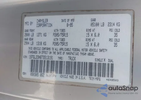 1996 Dodge Dakota из США, поврежденный, VIN 1B7GL23X6TS513191